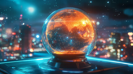 futuristic digital art of a glowing planet in a glass sphere, surrounded by stars and cosmic lights,