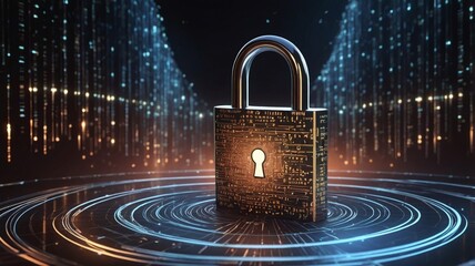 A futuristic illustration of a glowing digital padlock surrounded by swirling binary code and data streams, symbolizing the concept of data privacy and protection.