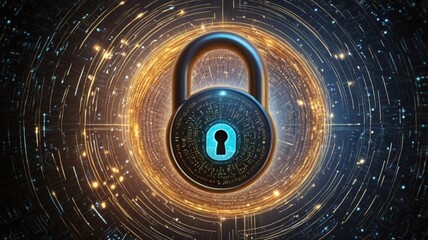 A futuristic illustration of a glowing digital padlock surrounded by swirling binary code and data streams, symbolizing the concept of data privacy and protection.