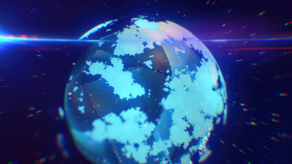 Poster - A cool-toned digital depiction of Earth, showcasing pixelated patterns and futuristic blue lighting, emphasizing technology and innovation background, video in high quality 4k, motion design