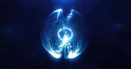 Poster - Blue light sphere in a dark space, symbolizing digital energy, futuristic technology, and a sense of mystery