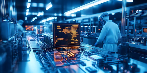 Poster - A modern electronics manufacturing plant with cleanrooms, precision equipment, and technicians assembling intricate electronic devices. Generative AI