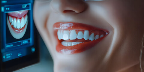 Poster - A digital consultation where the patient checks her smile on a virtual screen, showing her dental health progress.