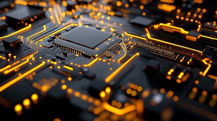 Wall Mural - Close-up of a circuit board with glowing orange lines and components, creating a high-tech atmosphere.