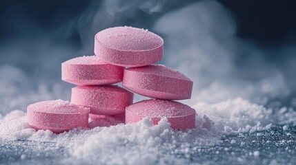 Wall Mural - Stacked pink tablets with powdered sugar on a frosty surface