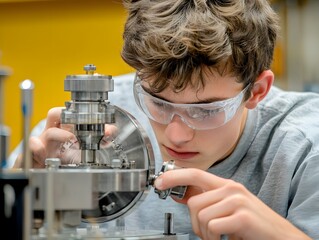 Poster - A young person examines machinery with precision in a laboratory setting.