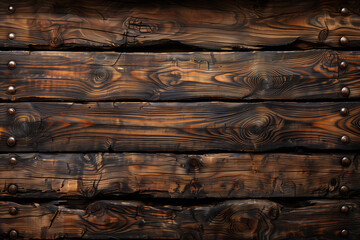 Closeup of dark brown, rustic wooden planks arranged horizontally.