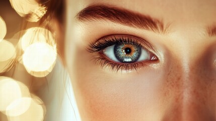 Close-up of a bright blue eye with golden lighting. focus and vision concept