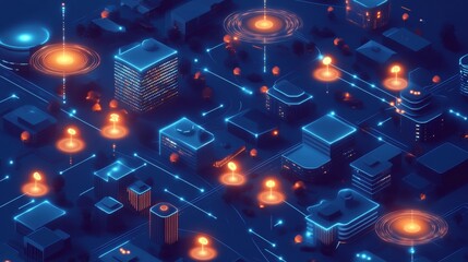 Poster - Futuristic urban landscape at night with glowing connections representing smart city technology