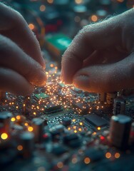 Poster - Close-up of hands manipulating a circuit board, creating sparks of electricity.