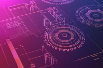 Poster - Technical illustration of industrial machinery gear with gradient background in photography shot