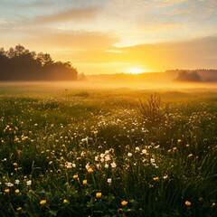 Wall Mural - Misty meadow illuminated by the soft glow of sunrise