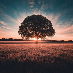 Wall Mural - Serene sunset with a tree in an open field
