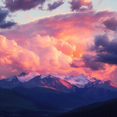 Wall Mural - Majestic sunset over mountain range with glowing clouds