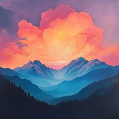 Wall Mural - Colorful sunset sky above mountains with clouds
