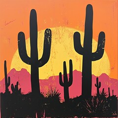 Wall Mural - Serene desert scene with cacti at sunset