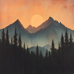 Wall Mural - Golden sunset behind tall mountains with soft shadows