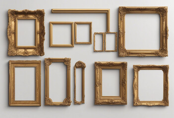 Collection of antique gold frames isolated on transparent or white background