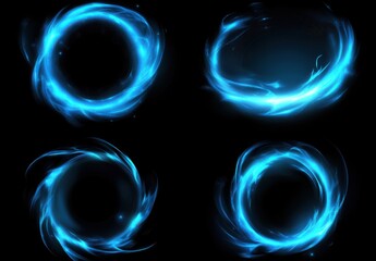 Poster - 4 blue glowing rings on black background, vector illustration with place for text. Blue glow frame border, abstract swirl design element for poster, banner and website cover design.