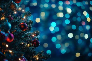 Poster - Festive christmas tree with colorful ornaments set against a blue bokeh background for celebrations
