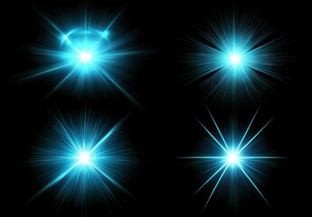 Aufkleber - 4 glowing light effect stars with lens flare vector set on a black background. Blue glow stars, bright sun rays, or laser beams illustration design elements for graphic and web design.