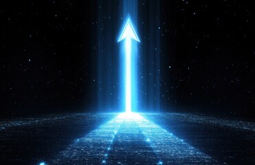 Aufkleber - A glowing blue arrow pointing up and to the right on a black background, with a glowing light at the end of the arrow and a glowing path leading away from the camera, set against a starry night sky.