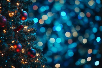 Poster - Festive christmas tree decorated with vibrant ornaments on a blue bokeh background for celebrations