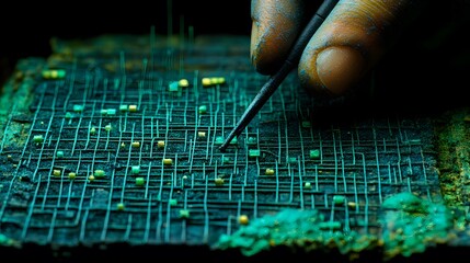 Poster - Close-up of a hand manipulating electronic components on a circuit board.