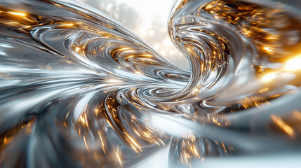 Wall Mural - golden light dances through a twisted silver vortex in an abstract liquid metal composition