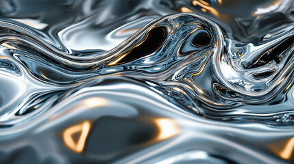 Wall Mural - abstract art depicting flowing liquid metal with smooth reflective surfaces and golden highlights cr