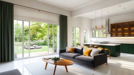 Wall Mural - Luxurious interior design living room and amber and sage green kitchen. open space  patio