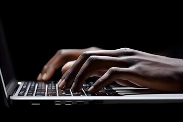 Fototapete - Close-up of hands typing on a laptop in a dark setting, emphasizing technology use.