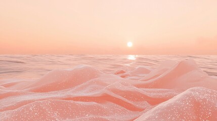 Poster - Soft pink fabric adorned with sparkling water droplets rests gently on the surface of a tranquil ocean, while a setting sun casts a warm, dreamy glow over the serene landscape