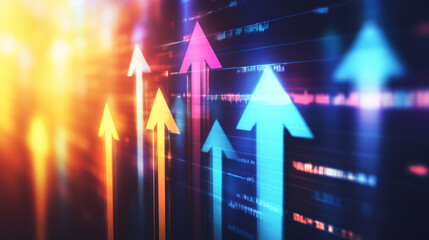 Poster - Digital screen displays glowing upward arrows symbolizing prosperous business or financial success and progress