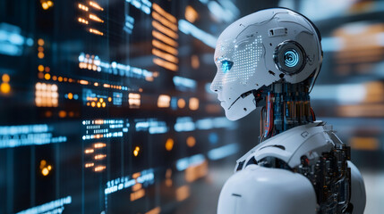 Leinwandbilder - Futuristic server room showcasing artificial intelligence potential with humanoid robot processing big data on digital screen