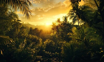 Wall Mural - serene sunset illuminating a lush jungle landscape.
