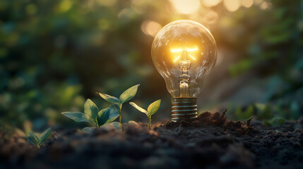 Poster - Light bulb glowing in the soil next to small plants, representing green energy and environmental sustainability