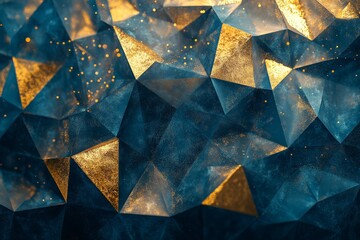 Poster - Vibrant golden and blue low poly grunge glossy geometric background in retro style design