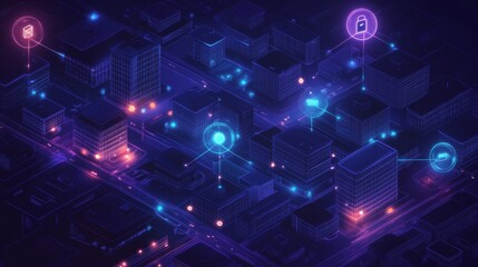 Poster - Futuristic urban landscape  aerial view of smart city with digital connections and glowing circles