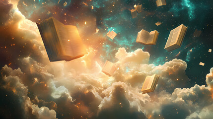 Wall Mural - abstract cosmic landscape with glowing clouds, swirling nebula, and floating books. mystify. illustr