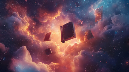 Wall Mural - abstract cosmic landscape with glowing clouds, swirling nebula, and floating books. mystify. illustr