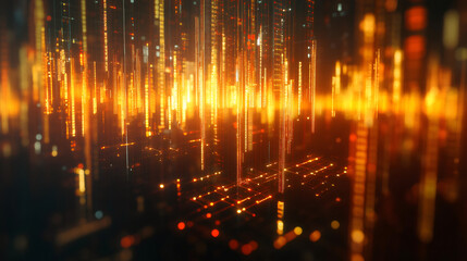 Poster - Futuristic cityscape with digital orange rain capturing the essence of data flow and technology