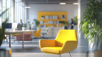 Poster - Busy office workers in a modern, bright office with large windows and accents of yellow