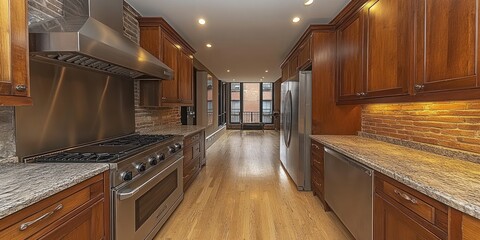 Modern kitchen with stainless steel appliances, granite countertops, hardwood floors, and exposed brick.