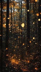 Poster - Magical forest landscape with glowing trees and sparkling particles in an enchanting atmosphere