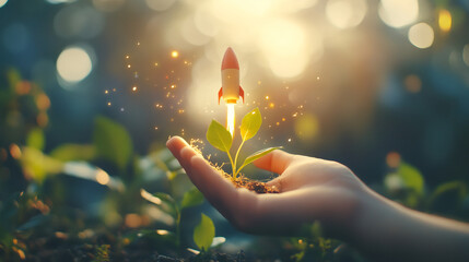 Poster - hand holding small plant with miniature rocket launching from it, symbolizing business startup, inno