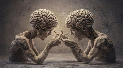 Aufkleber - Two figures with exposed brains are touching fingers, symbolizing communication, knowledge sharing, and artificial intelligence