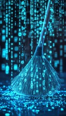 Aufkleber - A broom sweeping away glowing blue binary code symbolizing data deletion and clearing process