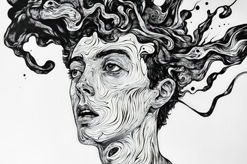 Canvas Print - Black and white line art portrait, flowing hair.