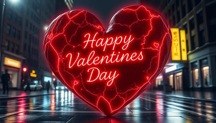 Poster - A large, dark red heart, shaped like a fractured stone, hovers above a wet city street, Valentine's Day, Happy Valentine's Day, Valentine's Day Gifts, and Happy Valentine's Day Images.